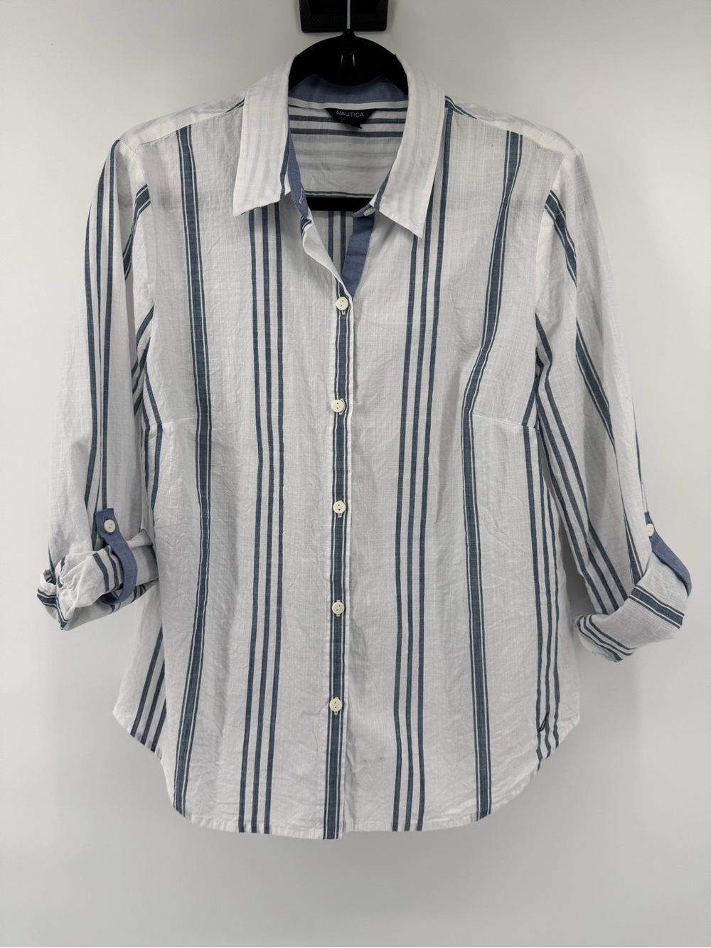 Nautica White and Navy Striped Button-Up Shirt